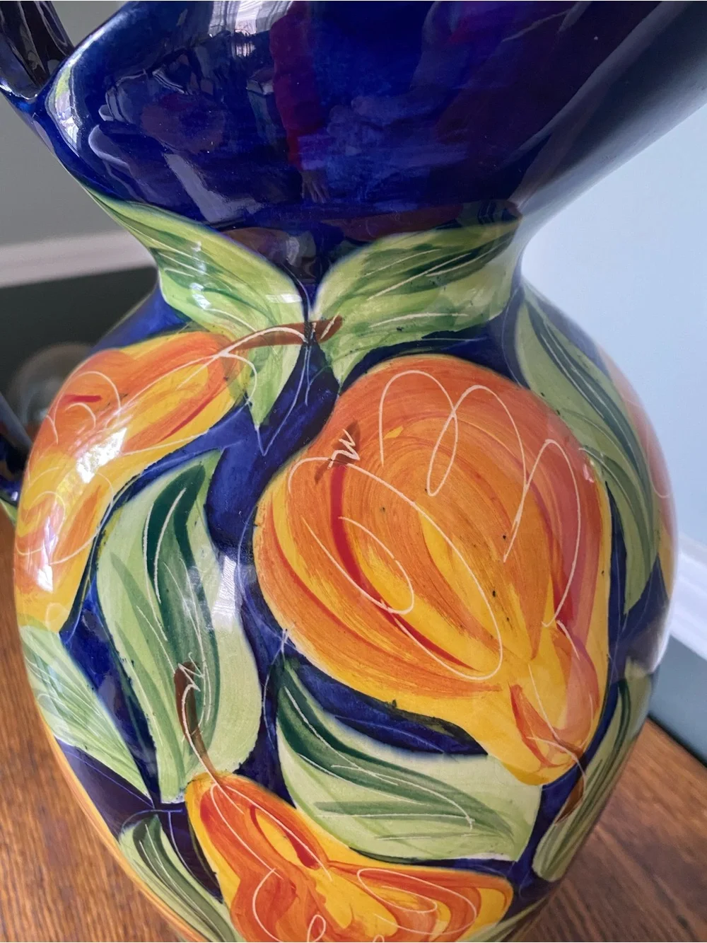 Vintage 90s Large Hand Painted Ceramic Vase / Jug Fruit Motif Blue Orange